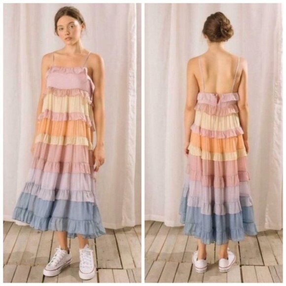 Storia Multicolor Polka Dot Print Colorblock Tiered Midi Dress NWT - Picture 14 of 14